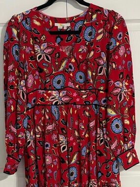 Boden Boho Red Floral Tiered Hem Long Sleeves Side Pockets Midi Dress Women’s 2P